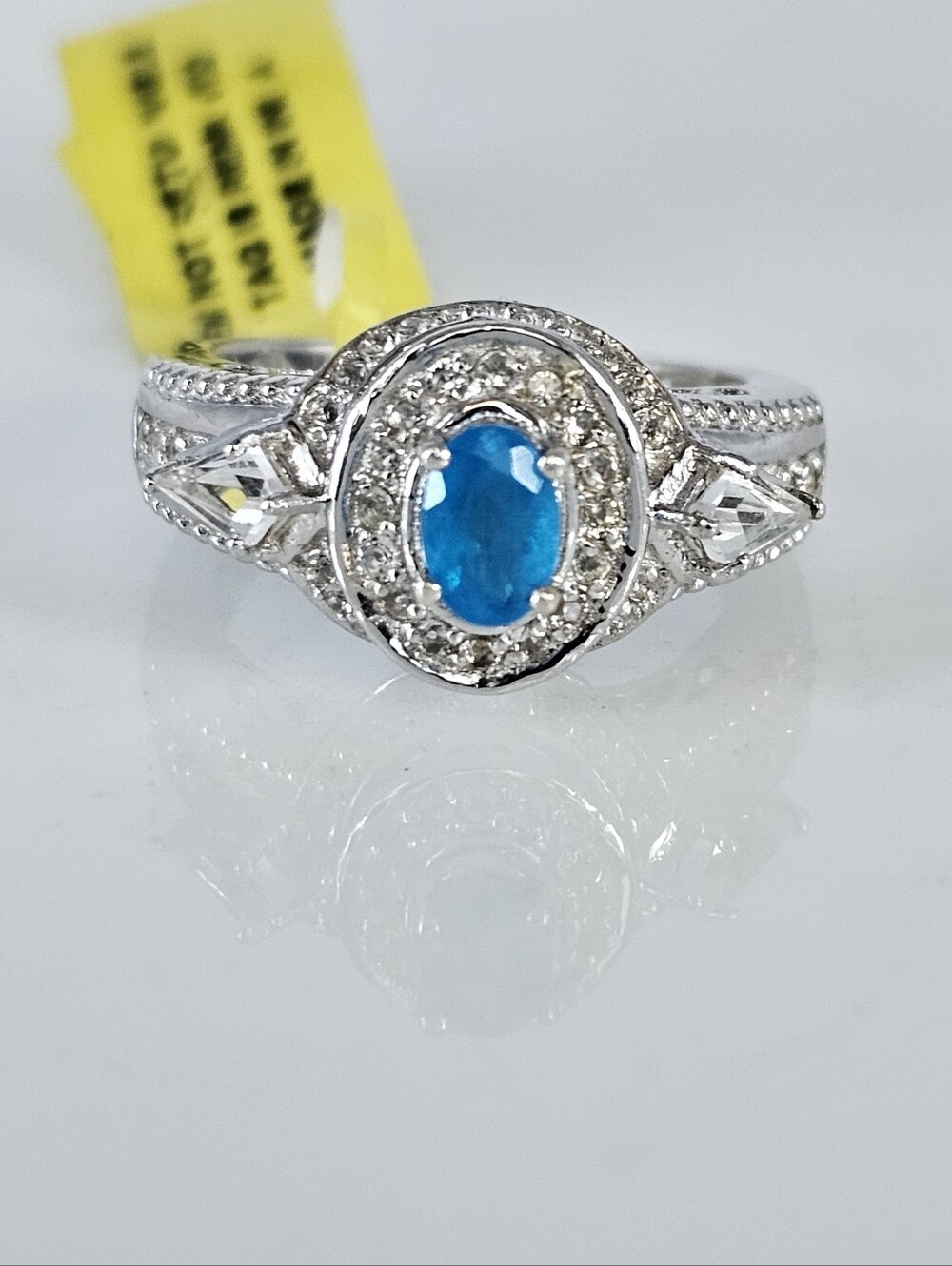 Genuine Neon Apatite & Diamond Ring Sterling Silver Platinum Finish Size 7!